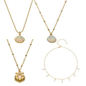 18K gold plated 316L stainless steel coastal enamel seashell pearl charm pendant layered chain necklace wholesale