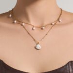 18K gold plated 316L stainless steel coastal enamel seashell pearl charm pendant layered chain necklace wholesale