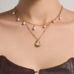 18K gold plated 316L stainless steel coastal enamel seashell pearl charm pendant layered chain necklace wholesale