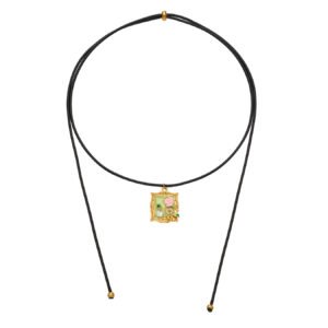18K gold plated 316L stainless steel vintage square picture frame pink rose enamel pearl black cord choker necklace wholesale