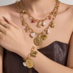 Gold plated vintage coin pearl charm chain necklace and bracelet set in 316L stainless steel