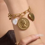 Gold plated vintage coin pearl charm chain necklace and bracelet set in 316L stainless steel