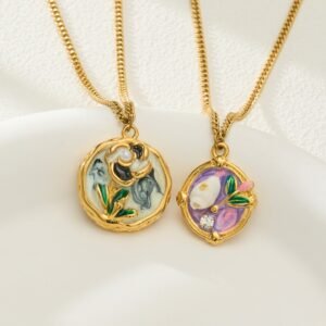 18K gold plated 316L stainless steel vintage oval oil-drip enamel flower medallion curb chain necklace wholesale