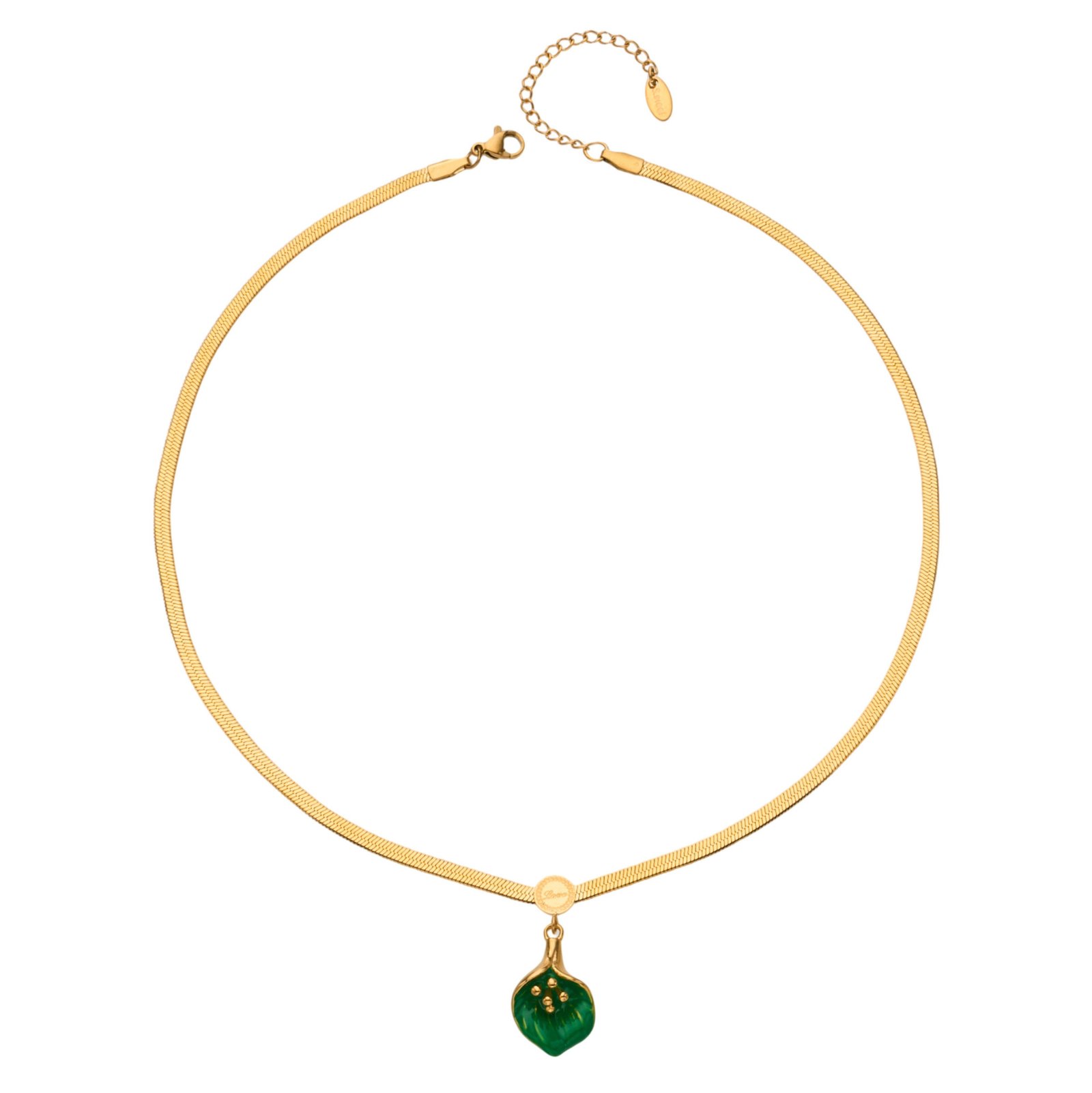 NP103 (1) 18K gold plated 316L stainless steel emerald green enamel calla lily pendant herringbone chain necklace wholesale