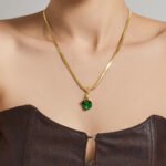18K gold plated 316L stainless steel emerald green enamel calla lily pendant herringbone chain necklace wholesale