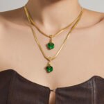 18K gold plated 316L stainless steel emerald green enamel calla lily pendant herringbone chain necklace wholesale