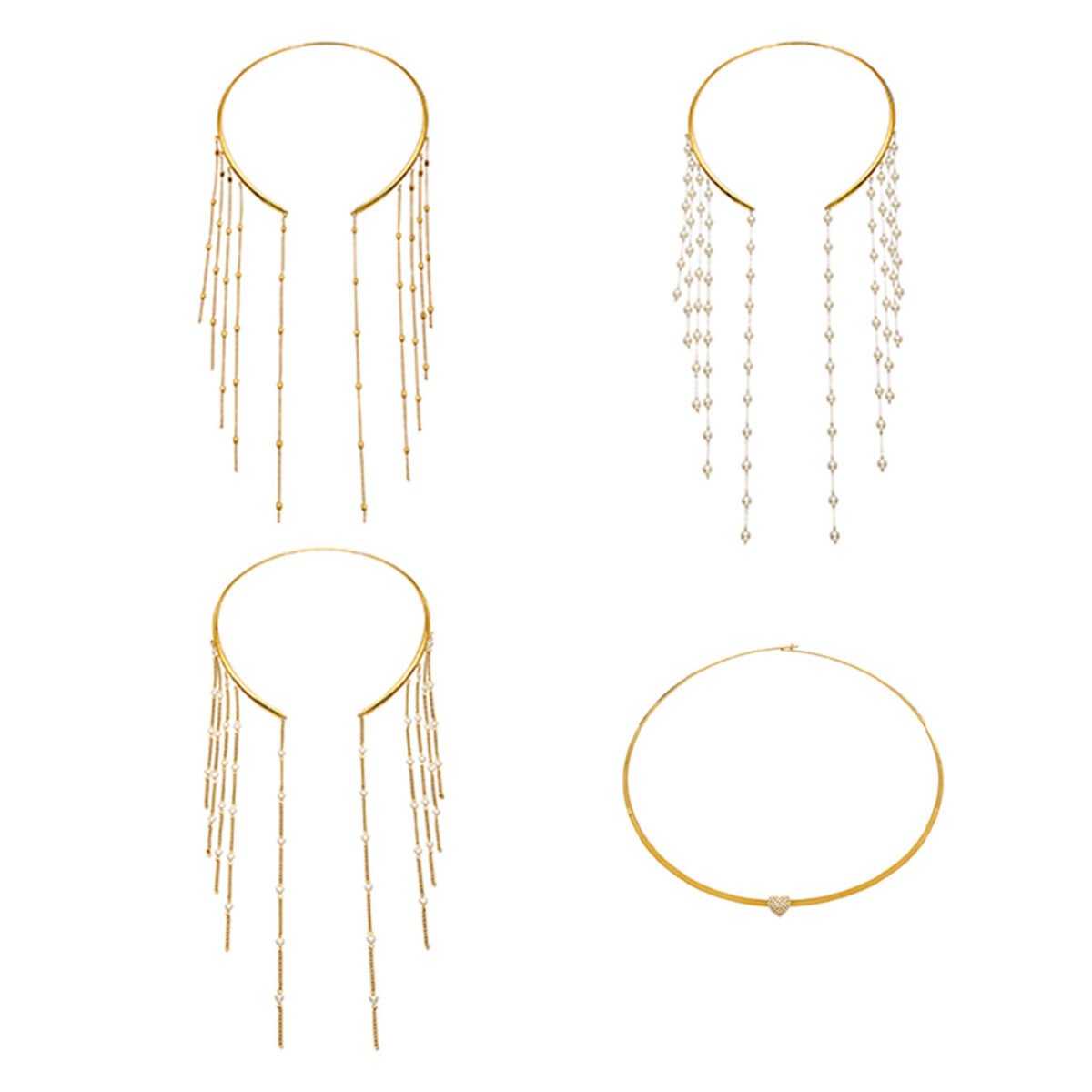 Gold plated open torque collar choker necklace with long cascading bead tassels in stainless steel