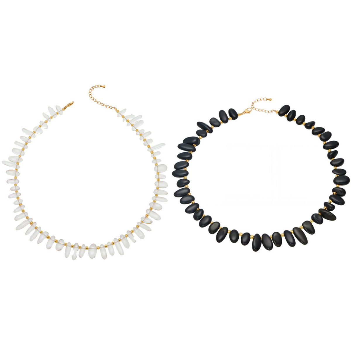 Gold plated irregular black onyx and clear quartz natural gemstone chip choker necklace in 316L stainless steel