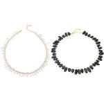 Gold plated irregular black onyx and clear quartz natural gemstone chip choker necklace in 316L stainless steel