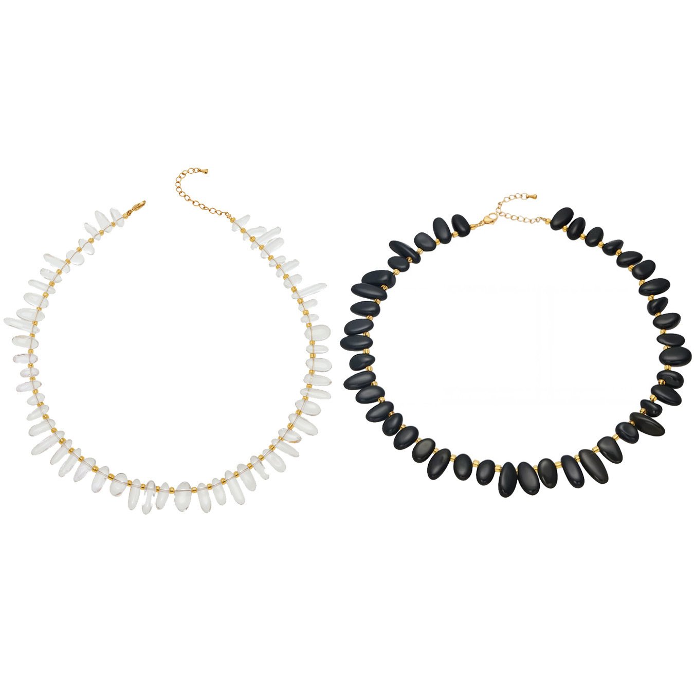 P082 (1) Gold plated irregular black onyx and clear quartz natural gemstone chip choker necklace in 316L stainless steel