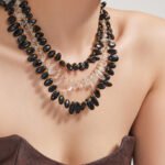 Gold plated irregular black onyx and clear quartz natural gemstone chip choker necklace in 316L stainless steel