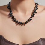 Gold plated irregular black onyx and clear quartz natural gemstone chip choker necklace in 316L stainless steel