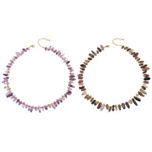 Gold plated irregular purple amethyst and mixed natural crystal stone chip choker necklace in 316L stainless steel