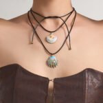 18K gold plated 316L stainless steel coastal ocean seashell pearl oil-drip enamel pendant adjustable black cord choker necklace wholesale