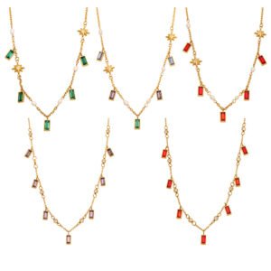 18K gold plated 316L stainless steel rectangle glass crystal charm necklace wholesale