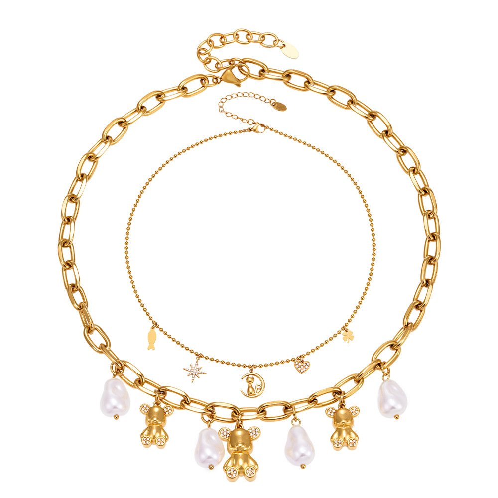 Gold plated cute charm necklace with teddy bear, freshwater pearl, and moon cat cubic zirconia charms in 316L stainless steel