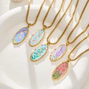 18K gold plated 316L stainless steel vintage oval botanical floral oil-drip enamel medallion pendant box chain necklace wholesale