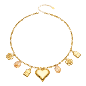 Gold plated vintage puffed heart, rose flower, perfume bottle, and amber crystal charm necklace in 316L stainless steel