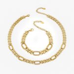 Gold plated watchband chain necklace and bracelet set with pave cubic zirconia oval links in stainless steel