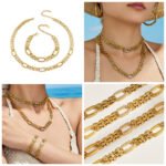 Gold plated watchband chain necklace and bracelet set with pave cubic zirconia oval links in stainless steel