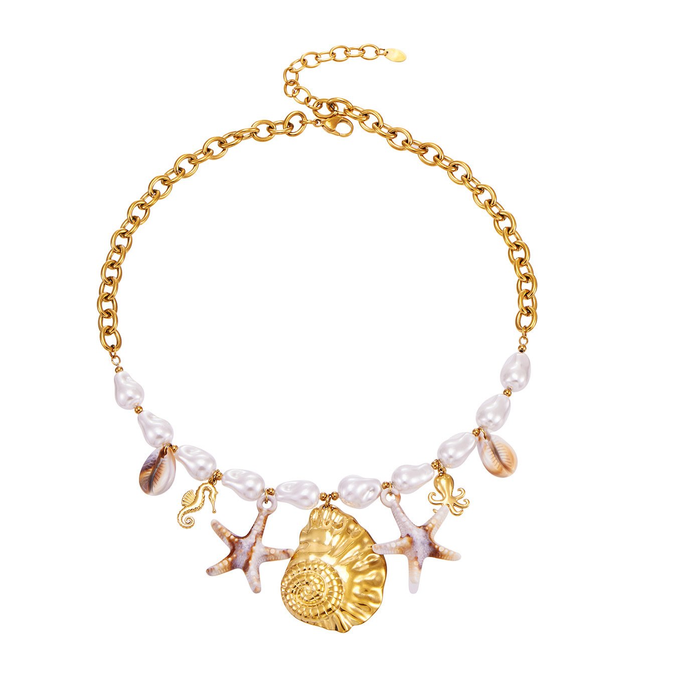 P286 (6) Gold and silver plated coastal sea shell starfish pearl pendant necklace in 316L stainless steel