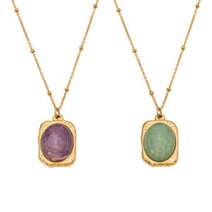 316L stainless steel vintage hammered frame oval green purple natural stone beaded chain pendant necklace wholesale