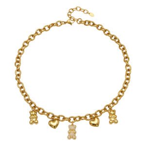 Gold plated chunky link chain necklace with pave cubic zirconia teddy bear and puffed heart charms in 316L stainless steel