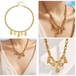 Gold plated chunky rolo chain necklace with 3D teddy bear and cz bezel heart charms in 316L stainless steel