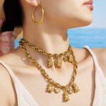 Gold plated chunky rolo chain necklace with 3D teddy bear and cz bezel heart charms in 316L stainless steel