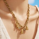 Gold plated chunky rolo chain necklace with 3D teddy bear and cz bezel heart charms in 316L stainless steel