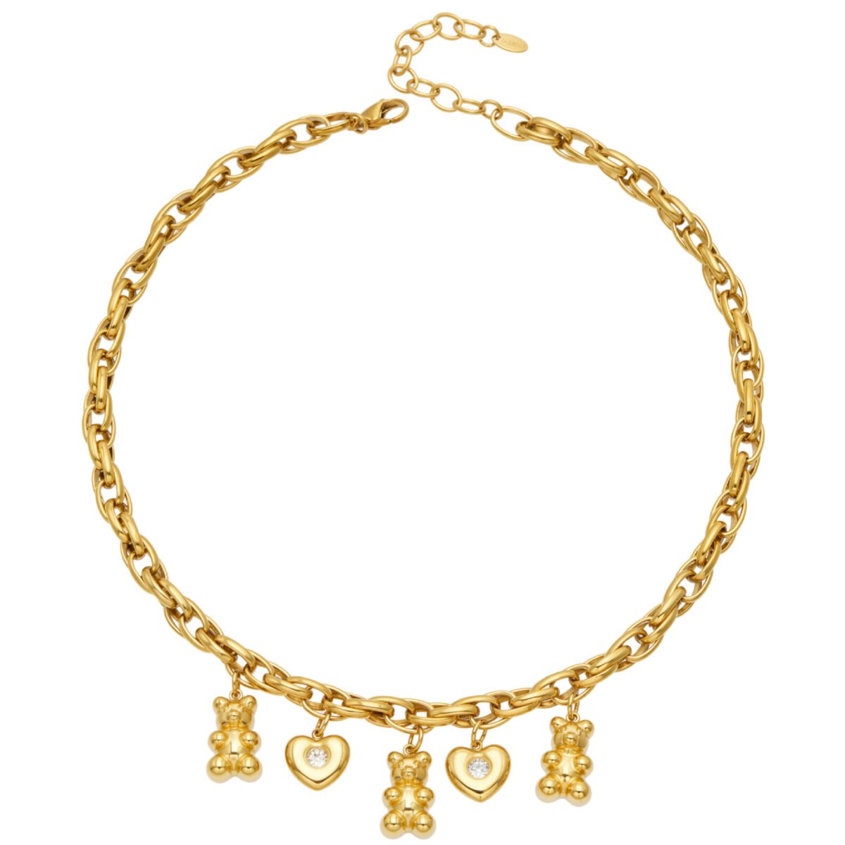 Gold plated chunky rolo chain necklace with 3D teddy bear and cz bezel heart charms in 316L stainless steel