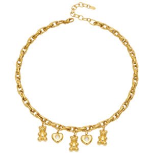Gold plated chunky rolo chain necklace with 3D teddy bear and cz bezel heart charms in 316L stainless steel