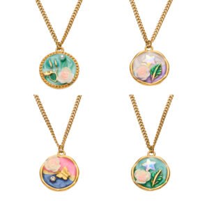 18K gold plated 316L stainless steel vintage oval oil-drip enamel rose butterfly star flower medallion curb chain necklace wholesale