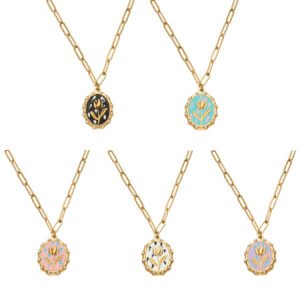 18K gold plated 316L stainless steel vintage oval oil-drip enamel tulip medallion pearl beaded paperclip chain necklace wholesale