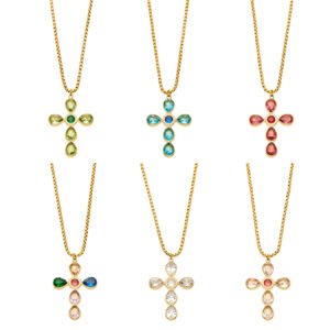 18K gold plated 316L stainless steel pear cut glass crystal cross pendant necklace wholesale