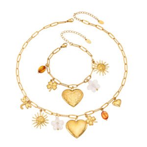 18K gold plated 316L stainless steel vintage multi charm paperclip chain necklace and bracelet set wholesale
