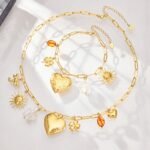 18K gold plated 316L stainless steel vintage multi charm paperclip chain necklace and bracelet set wholesale
