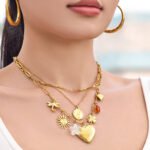 18K gold plated 316L stainless steel vintage multi charm paperclip chain necklace and bracelet set wholesale