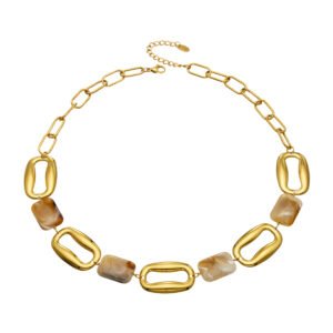 Gold plated chunky hollow oval link and swirl amber resin nugget statement necklace in stainless steel
