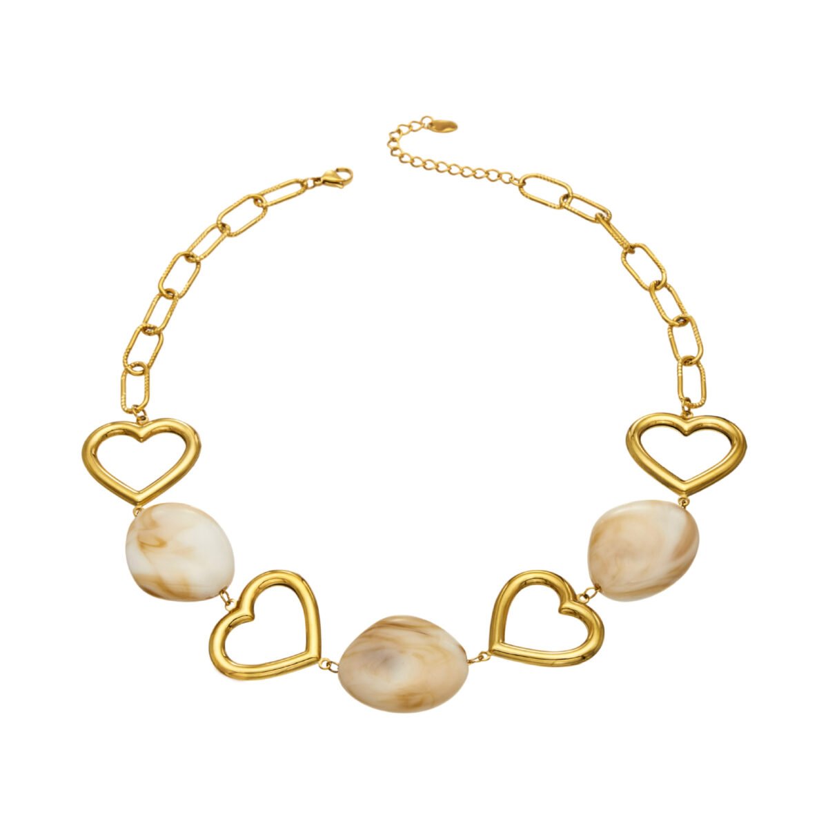 Gold plated chunky hollow heart link and marbleized amber resin nugget statement necklace in stainless steel