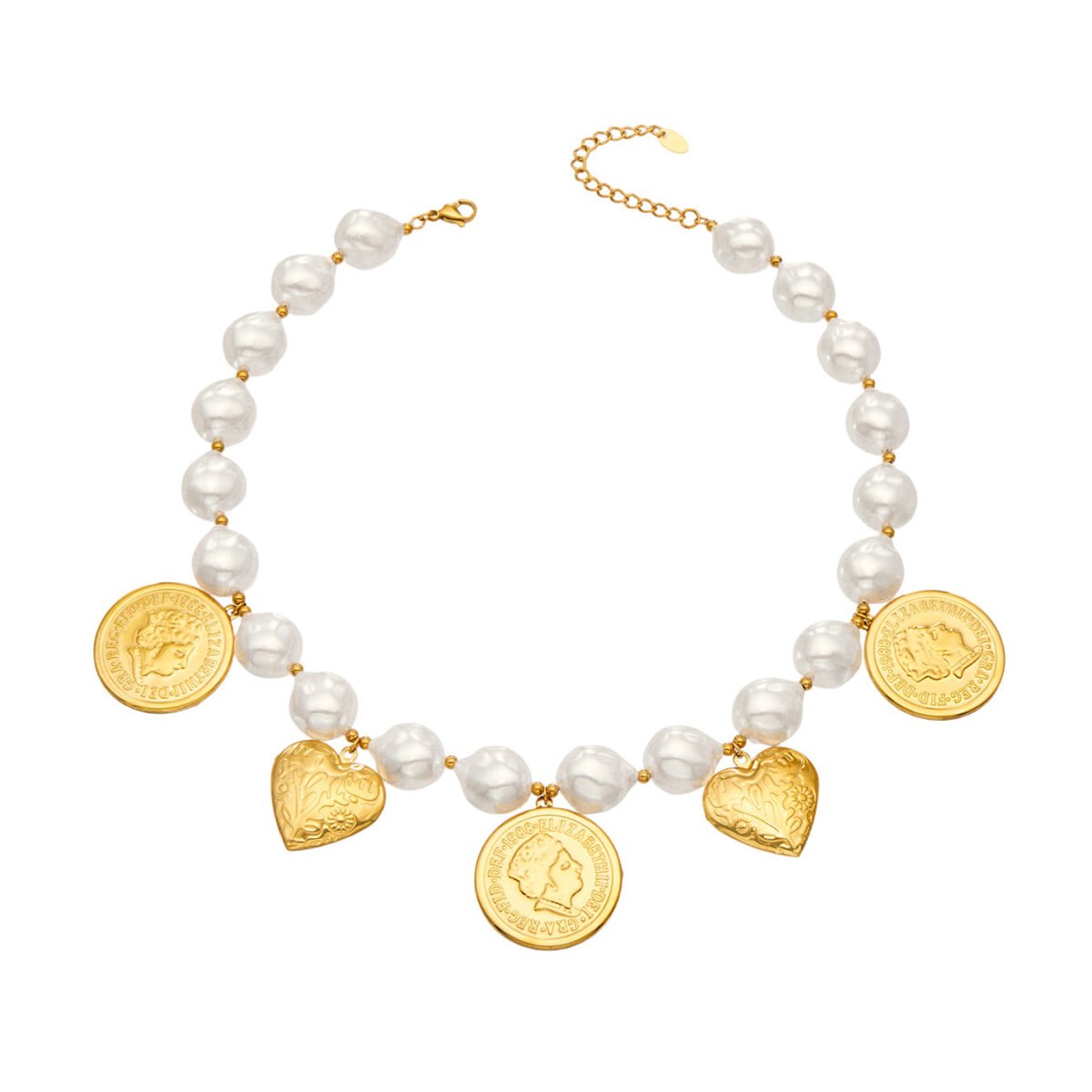 Gold and silver plated chunky baroque pearl choker necklace with coin and heart charms in stainless steel