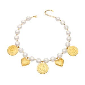 Gold and silver plated chunky baroque pearl choker necklace with coin and heart charms in stainless steel