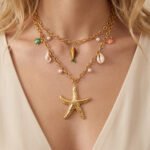 18K gold plated 316L stainless steel double layer ocean theme starfish shell turtle fish charm necklace wholesale