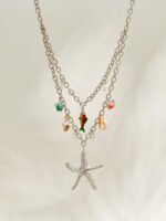 18K gold plated 316L stainless steel double layer ocean theme starfish shell turtle fish charm necklace wholesale
