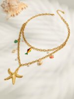 18K gold plated 316L stainless steel double layer ocean theme starfish shell turtle fish charm necklace wholesale