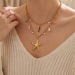 18K gold plated 316L stainless steel double layer ocean theme starfish shell turtle fish charm necklace wholesale