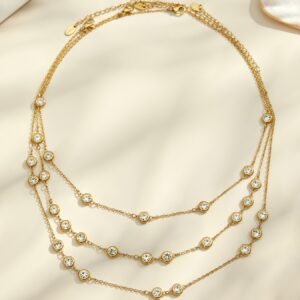 18K gold plated 316L stainless steel bezel set cubic zirconia station necklace wholesale