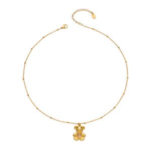 18K gold plated 316L stainless steel 3D teddy bear pendant necklace with heart cut cubic zirconia center wholesale