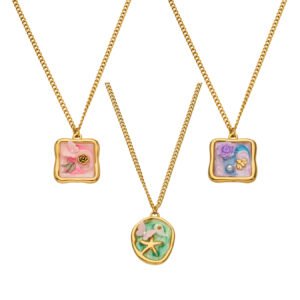 18K gold plated 316L stainless steel vintage 3D oil-drip enamel floral butterfly starfish cameo medallion pendant necklace wholesale