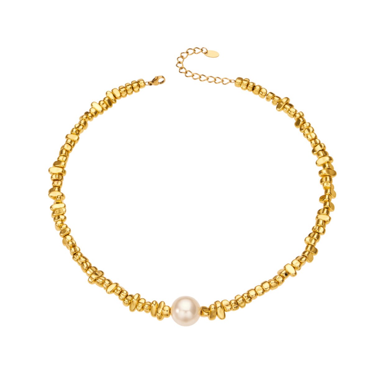 Gold and silver plated chunky irregular pebble bead strand necklace with a center pearl in ore material metal